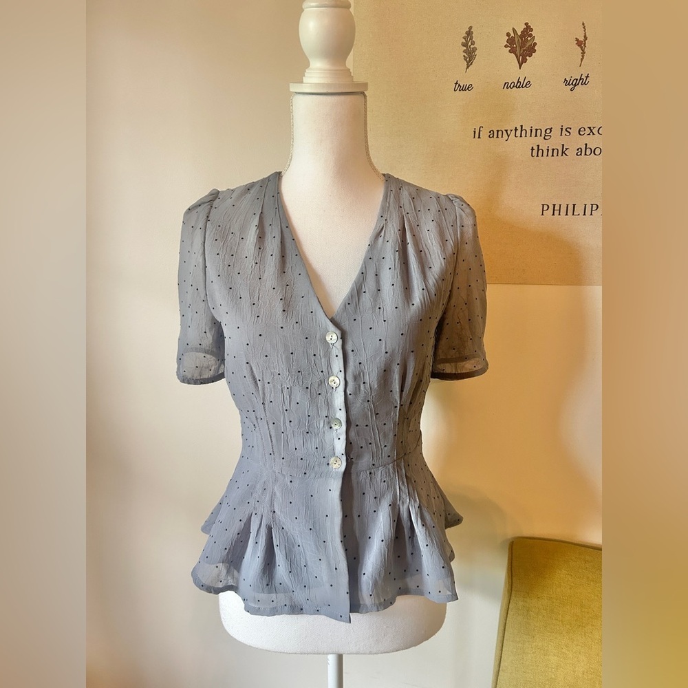 All Row Boutique Gray Polka Dot Peplum Ruffled Bottom Button Front Blouse